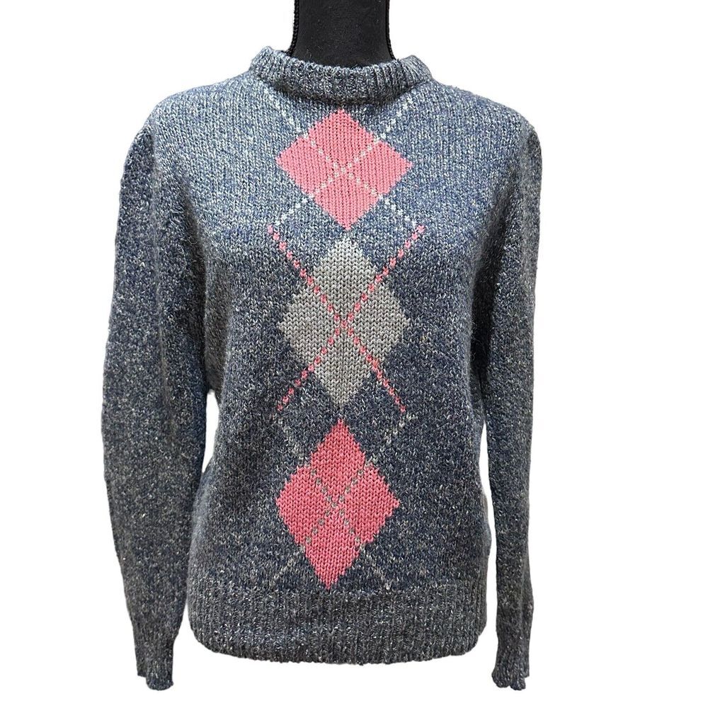 Vintage Corliss Acrylic Wool Argyle Sweater Blue Pink Women's Size‎ Large